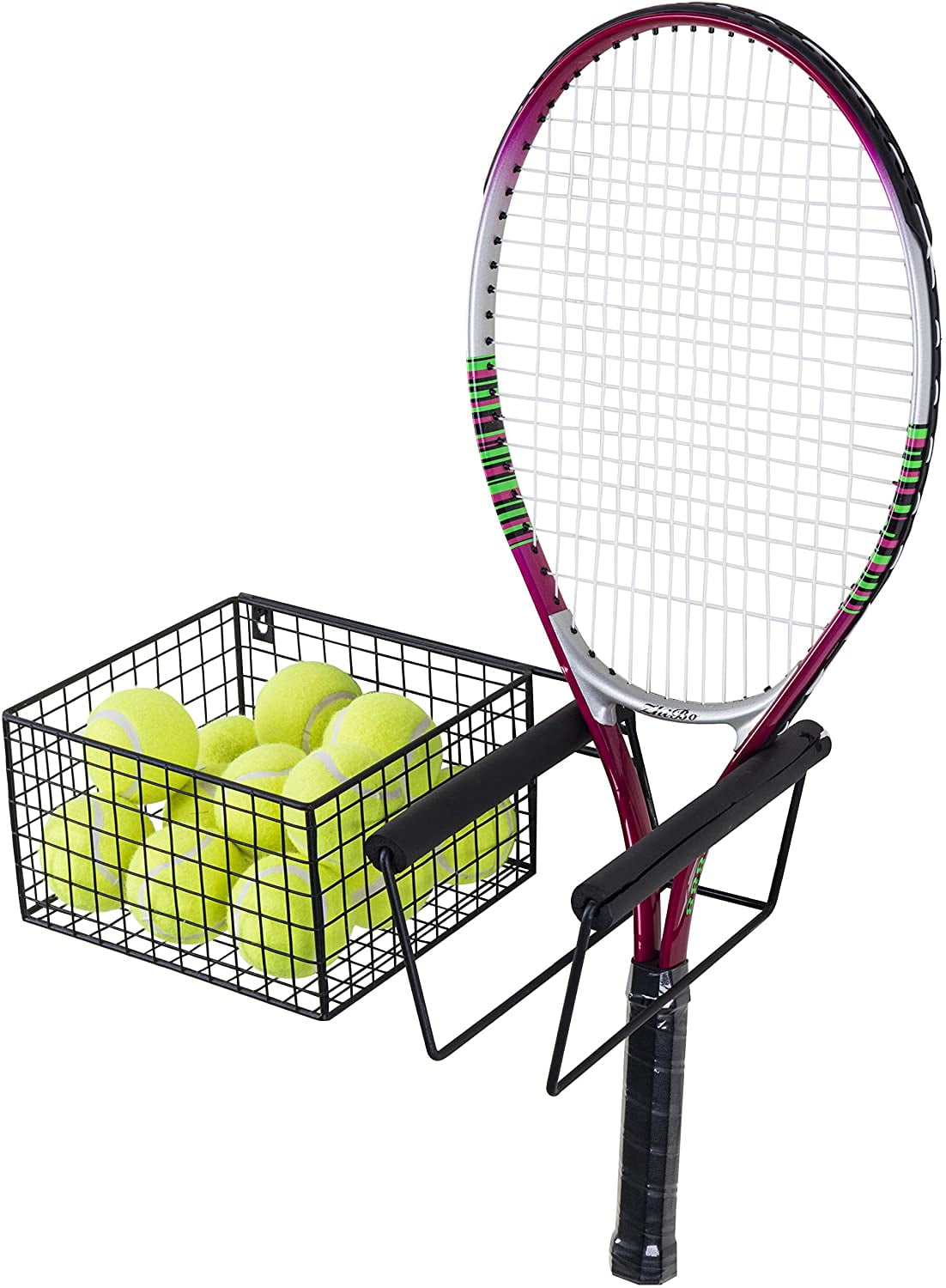 Details about   MyGift Wall Mounted Black Metal Tennis Racket Holder with Ball Storage Basket 