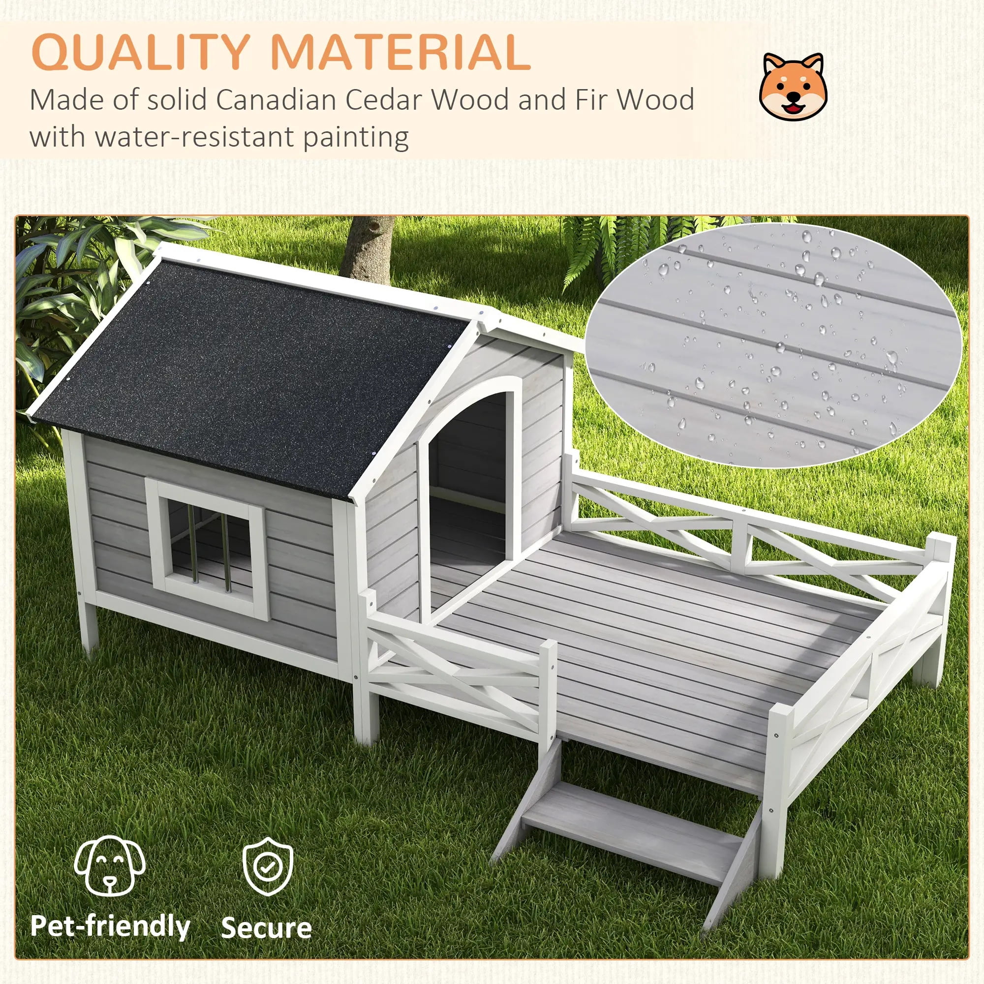 Pefilos 66" Large Wood Dog House with Porch for Small/Medium Dogs, Pet Shelter Pet Bunny House Outdoor Cat House, Gray