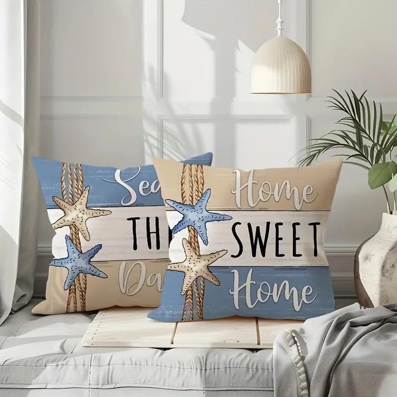 Beach Theme Throw Pillow Covers, 18x18 inches, Set of 4, Coastal Seashell and Starfish Design, Decorative Linen Cases for Living Room