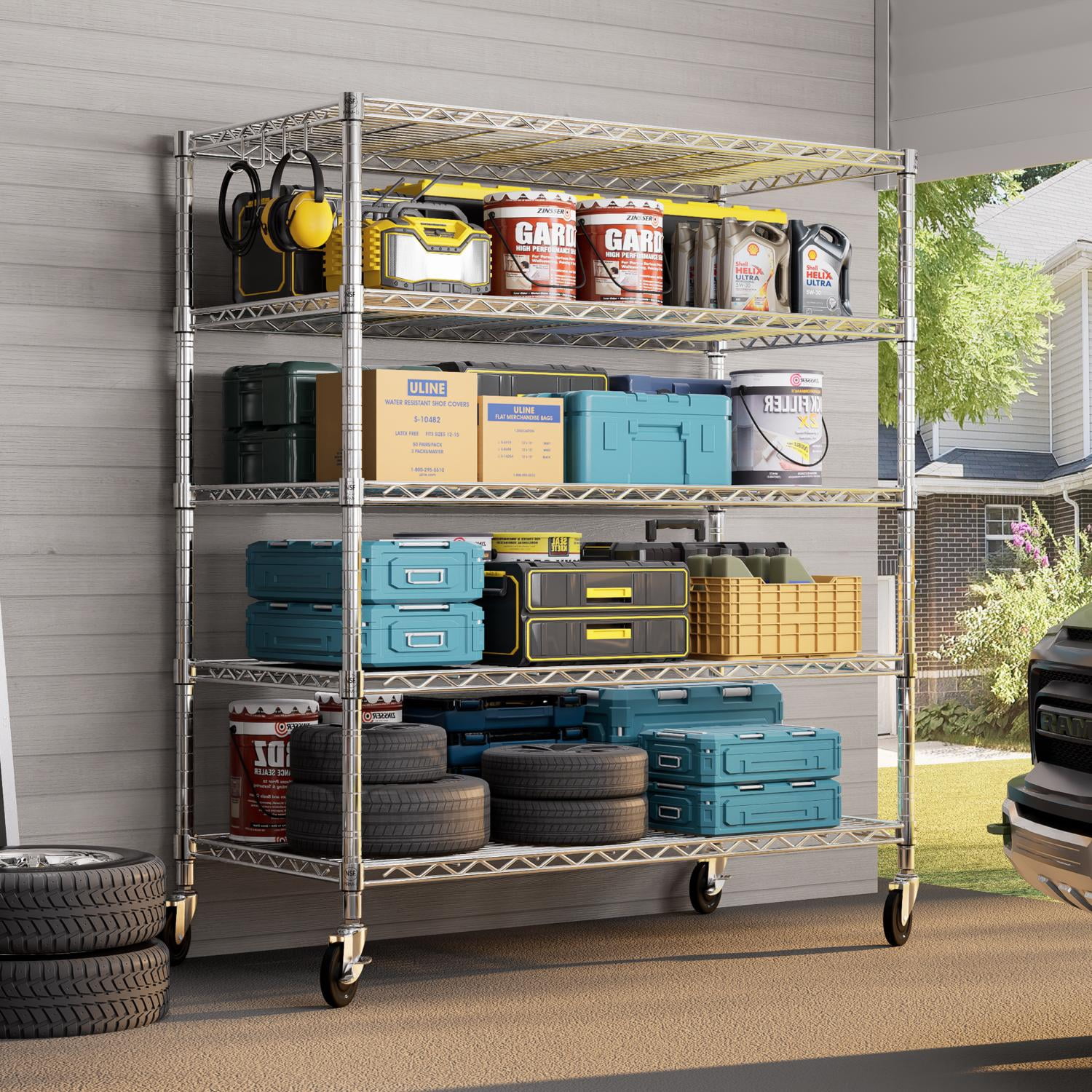 Prilinex 5-Tier Storage Shelves with Wheels 81"H x 48"W x 24"D Adjustable Wire Shelving, Wire Rack for Kitchen Pantry, Garage Shelving Unit Capacity 3000LBS, Chrome