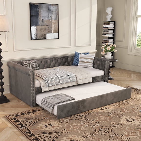 GDF Studio Button-Tufted Upholstered Velvet Daybed with Trundle, Grey