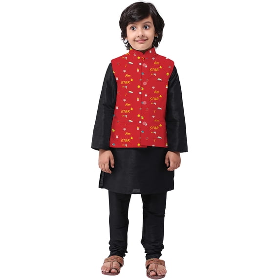 eloria Boys Dupion Silk I M Star Text Printed Nehru Jacket Kid's Party Festival Regular Wear Gift Red