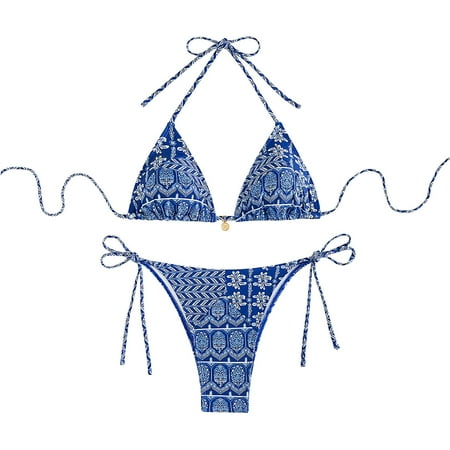 2 Piece Bikinis V-Neck for Women Women s Bikini Sets High Waisted Bathing Suits Two Swimsuits Floral Print Triangle Swim Suits Trendy 2025 Blue