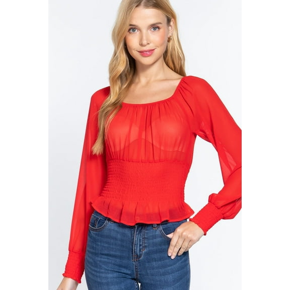 Long Sleeve Smocked Chiffon Top