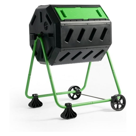 Gexandy HOTFROG Mobile 43-Gallon Dual Chamber Continuous Tumbling Composter with Wheels - Outdoor Rotating Garden Compost Bin, Black & Green