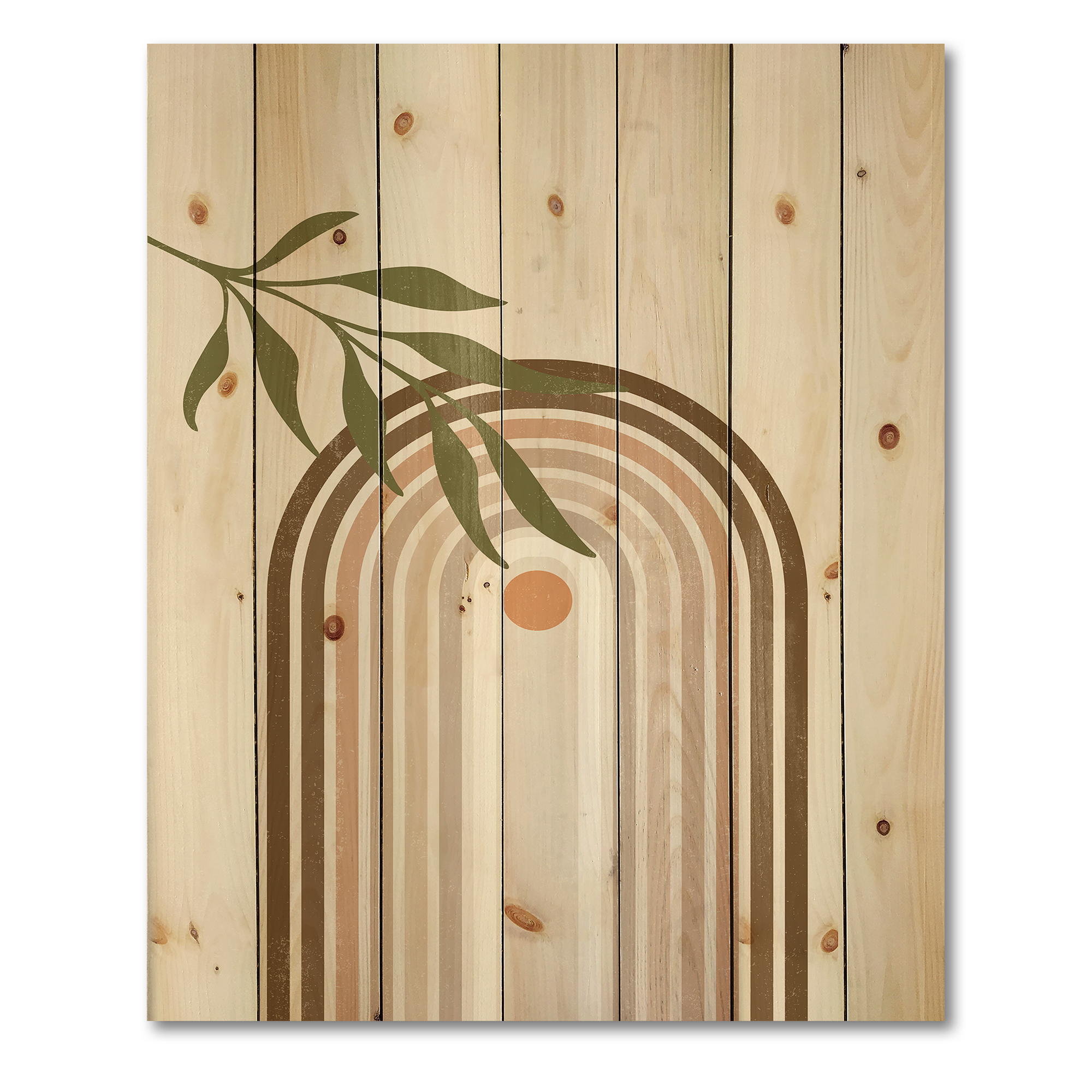Designart 'Abstract Moon and Sun With Green Leaf I' Modern Print on Natural Pine Wood