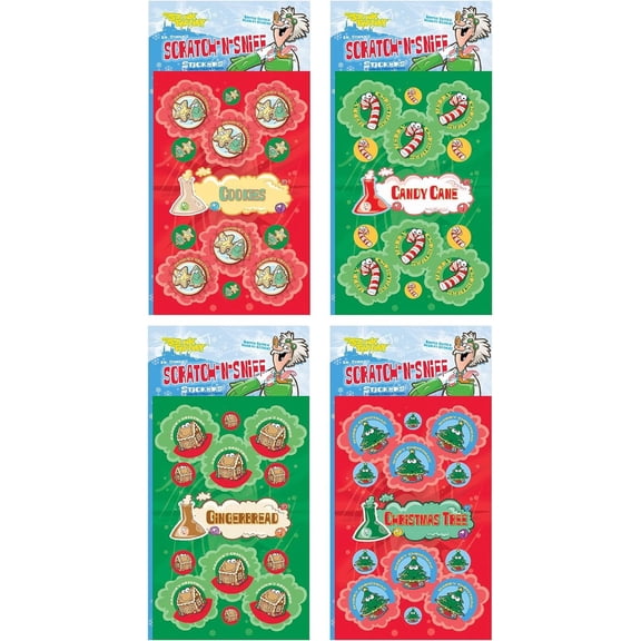 Just For Laughs Dr. Stinky's Scratch N Sniff Stickers Christmas Set 4-Pack (Christmas Tree, Gingerbread, Cutout Cookie, Candy Cane)