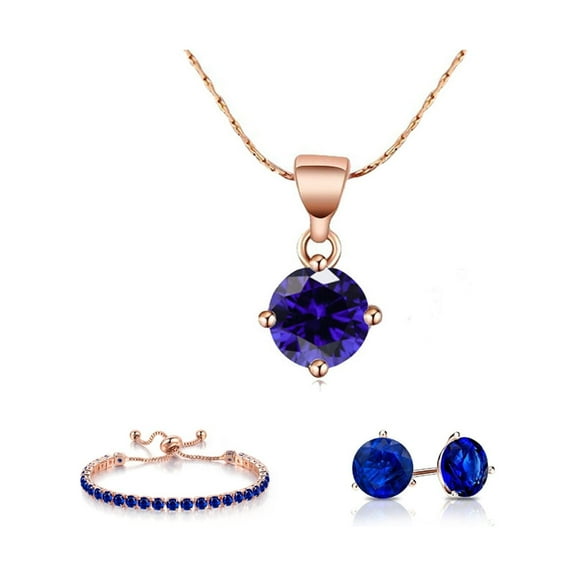 Paris Jewelry 18k Rose Gold 6 Ct Round Created Sapphire Set of Necklace, Earrings and Bracelet Plated