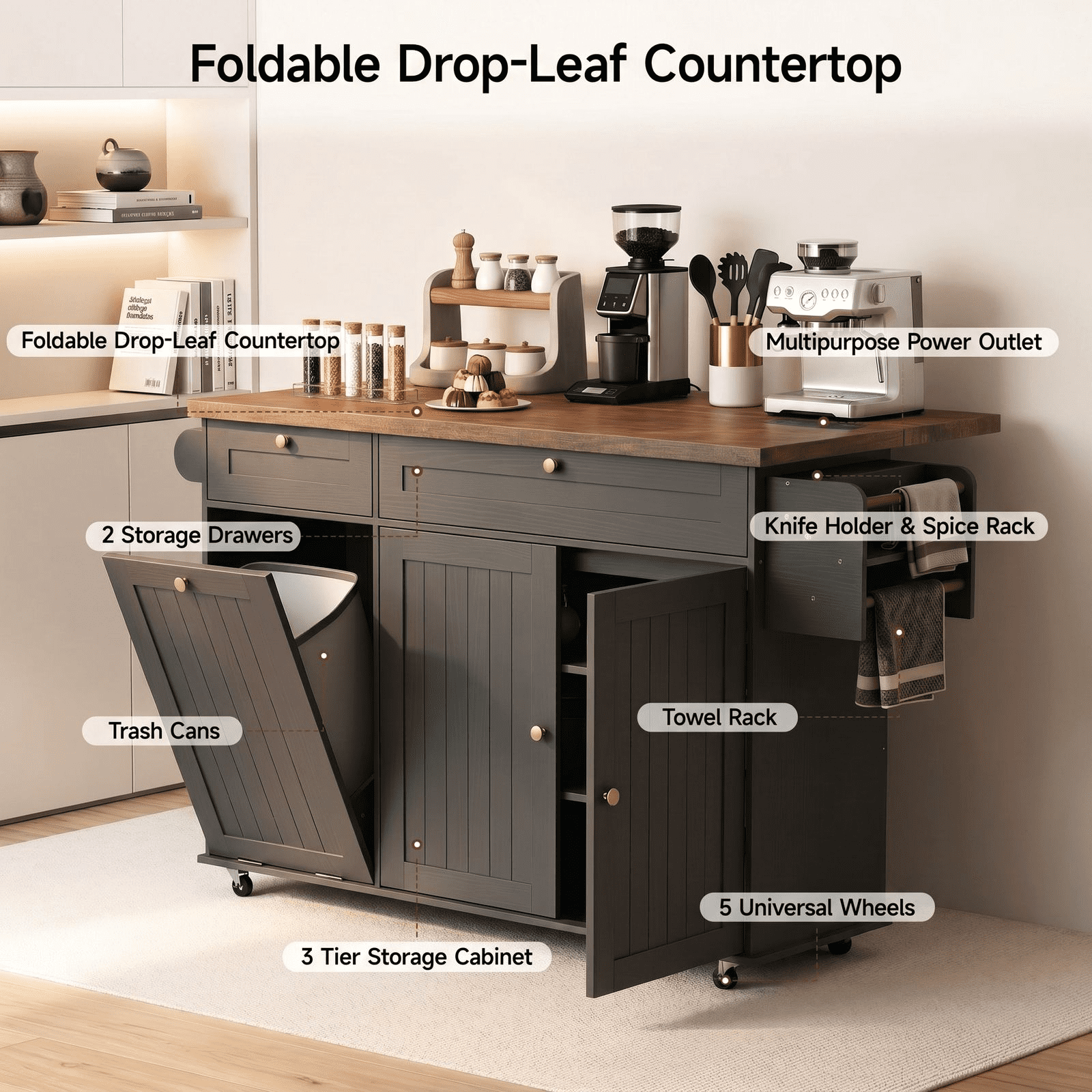 ROGALIS Kitchen Island w/Outlet&Towel Rack, 60" Kitchen Storage Cart w/Foldable Countertop, Black