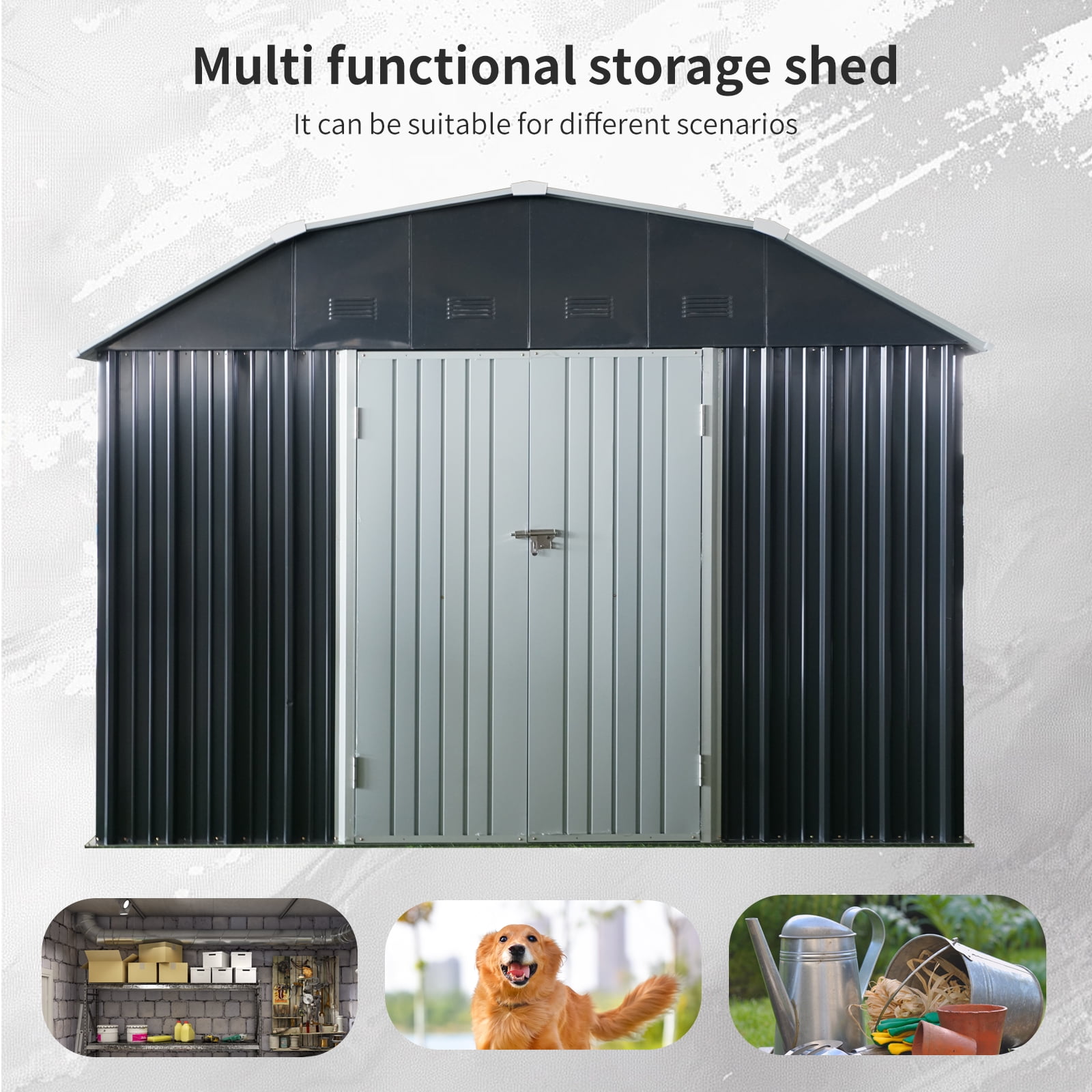 10x12ft Metal Outdoor Storage Shed with Arch Roof Black
