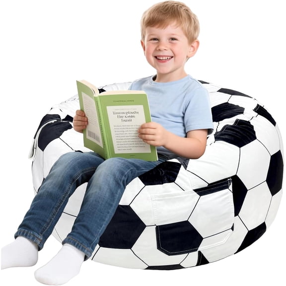 Soccer Bean Bag Chair for Kids and Teens, Memory Foam Filled Floor Lounger, Washable Velvet Cover with Inner Liner, Beanbag Chair with Filling for Gaming and Reading, Large 27" D x 16" H