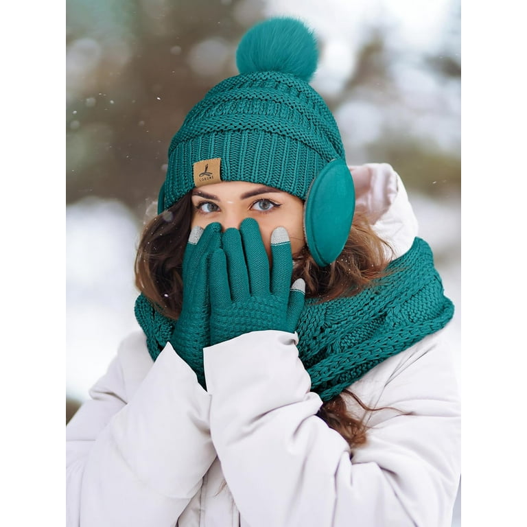 Winter Hat Scarf Gloves and Ear Warmer, Warm Knit Beanie Hat Touch