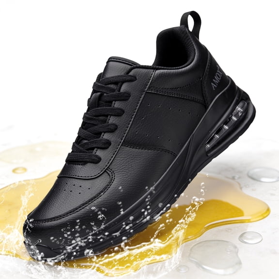 AMOX Non Slip Work Shoes for Men Food Service Slip Resistant Sneakers Casual Comfortable with Cushioning for Chef Kitchen Restaurant Walking Black