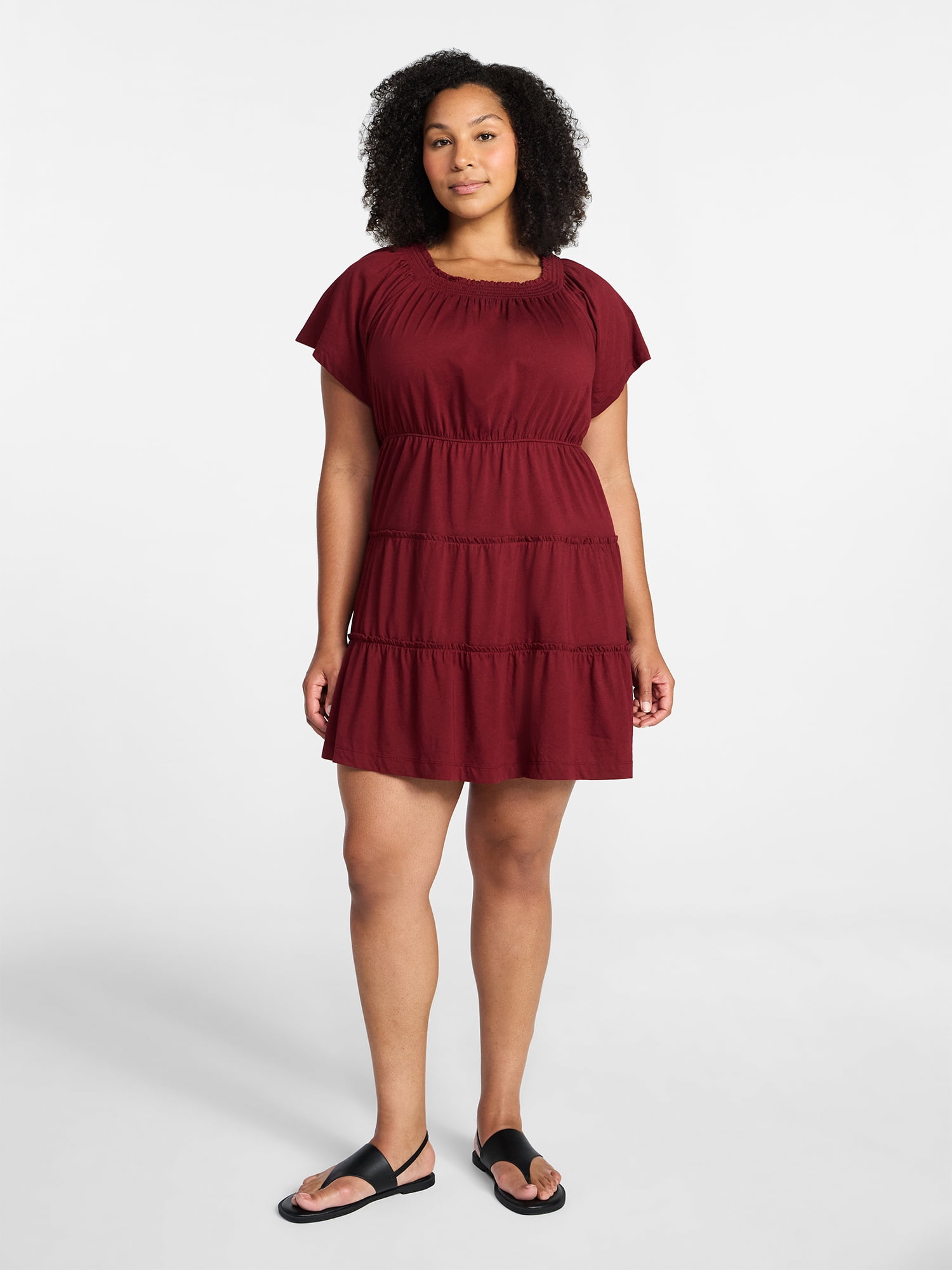 Time and Tru Women's Tiered Cotton Mini Dress with Flutter Sleeves, Sizes XS-XXXL