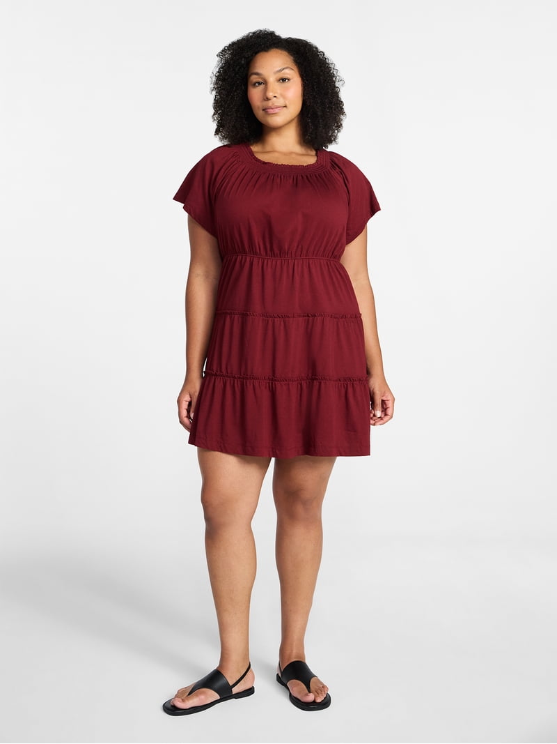 Time and Tru Women's Tiered Cotton Mini Dress with Flutter Sleeves, Sizes Xs-xxxl