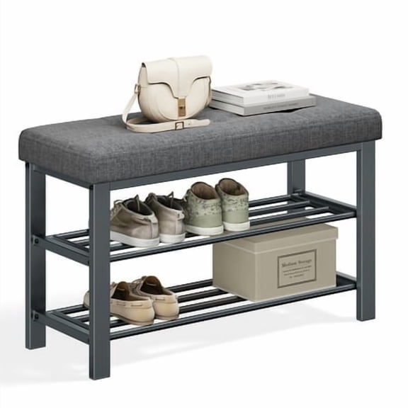 SONGMICS Shoe Bench, Storage Bench, Entryway Bench with Cushion, Shoe Shelf with Seat, Space-Saving, Modern Style, for Living Room, Bedroom, Hallway, Dark Gray and Ink Black