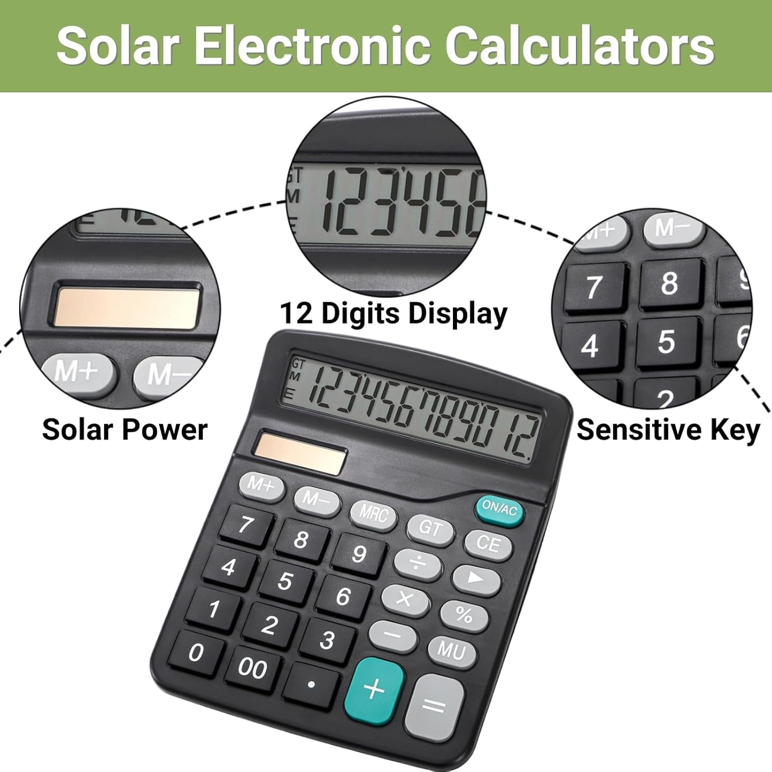8 Pack Desktop Calculator 12 Digit, Solar Battery Basic Calculators, Dual Power Electronic Calculators with Large LCD Display, Sensitive Button Handheld for Office Home School, Black