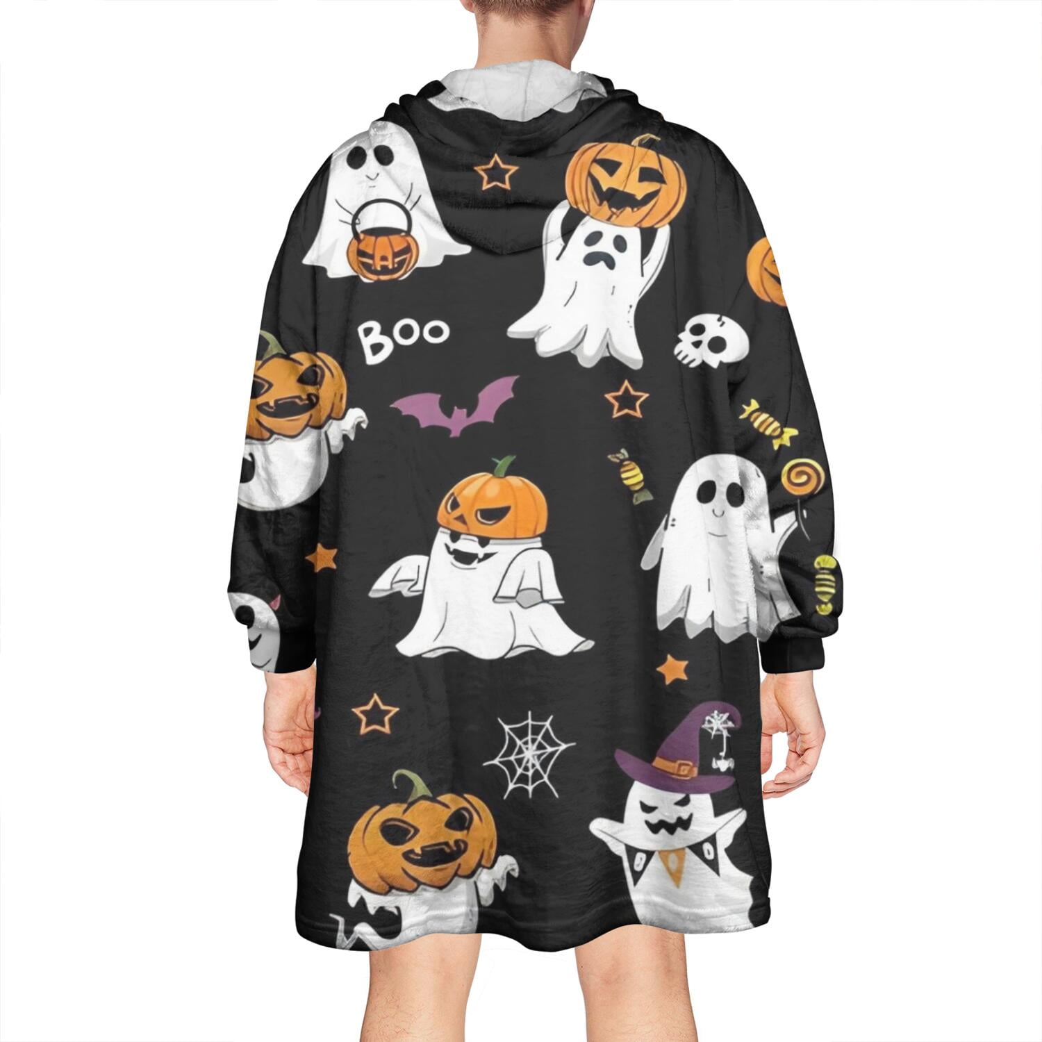 Wearable Oversized Blanket,Black Halloween Ghosts and Pumpkins Wearable Blanket Hoodie for Adults,Cozy Hooded Blankets with Super Pockets,Super Warm Fuzzy Pullover for Women & Men