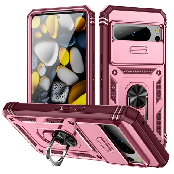 for Google Pixel 8A 3-in-1 Phone Case with Slide Camera Cover, Build in 360° Rotating Ring Kickstand, Military Grade Protective Shockproof Heavy Duty Anti-fall Phone Case for Google Pixel 8A