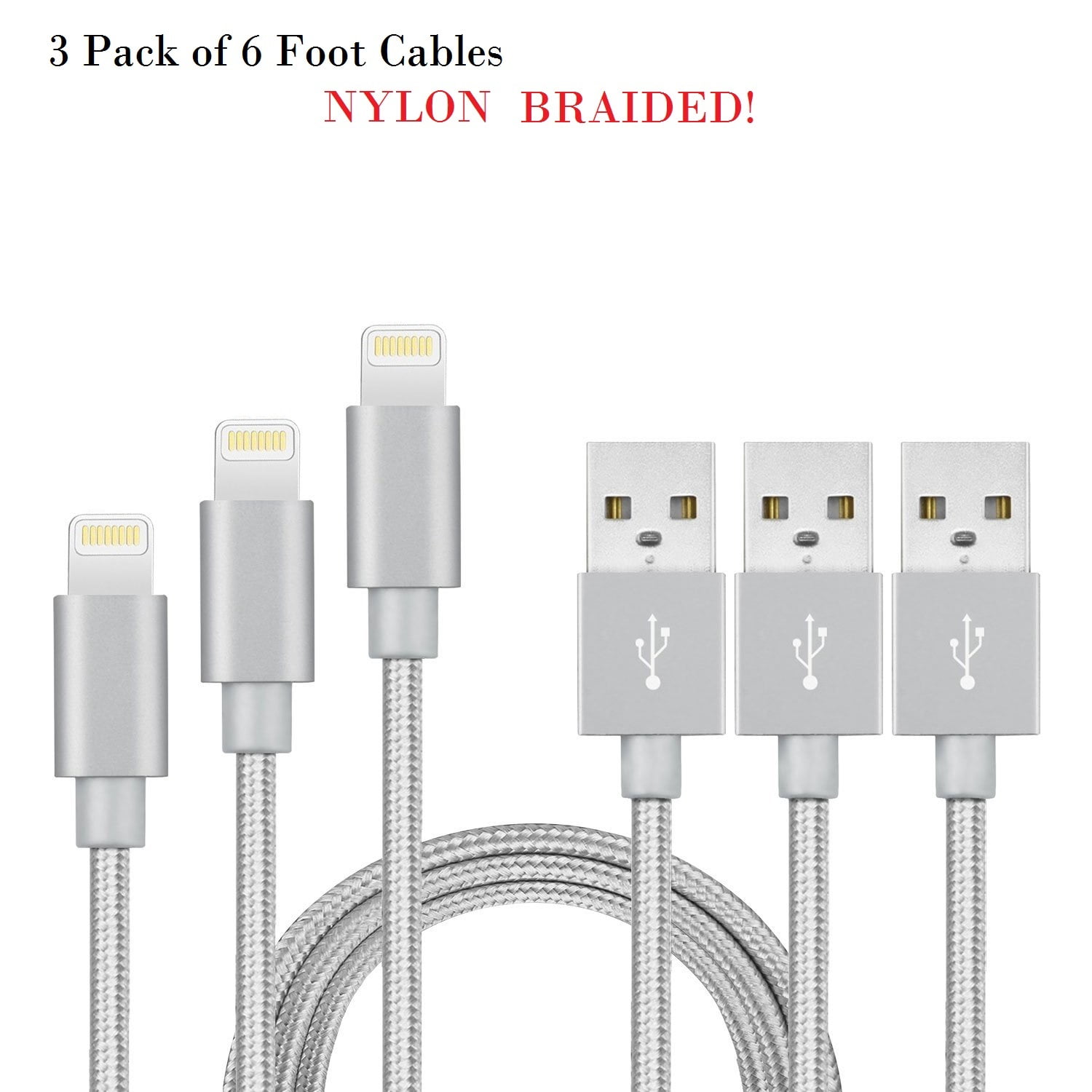 3 Pack) 6 foot lightning charging cable for Iphone and Ipad devices -  