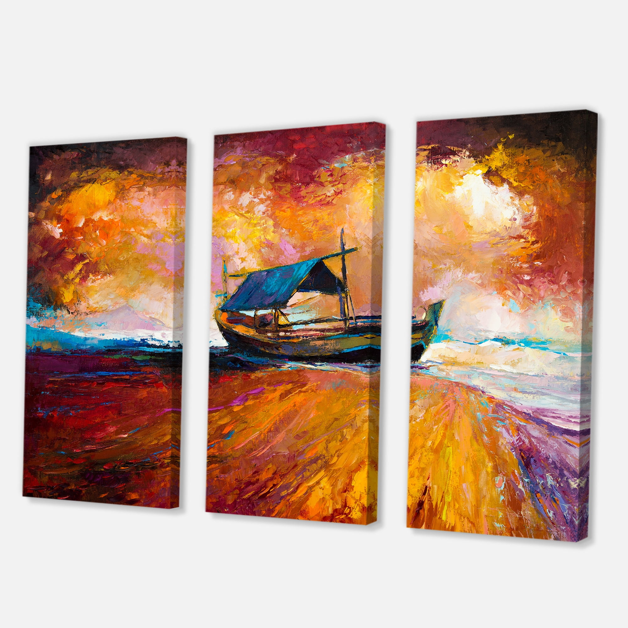 Designart ' Traditional Fisherboat During Ocean Evening Glow ' Nautical & Coastal Canvas Wall Art Print