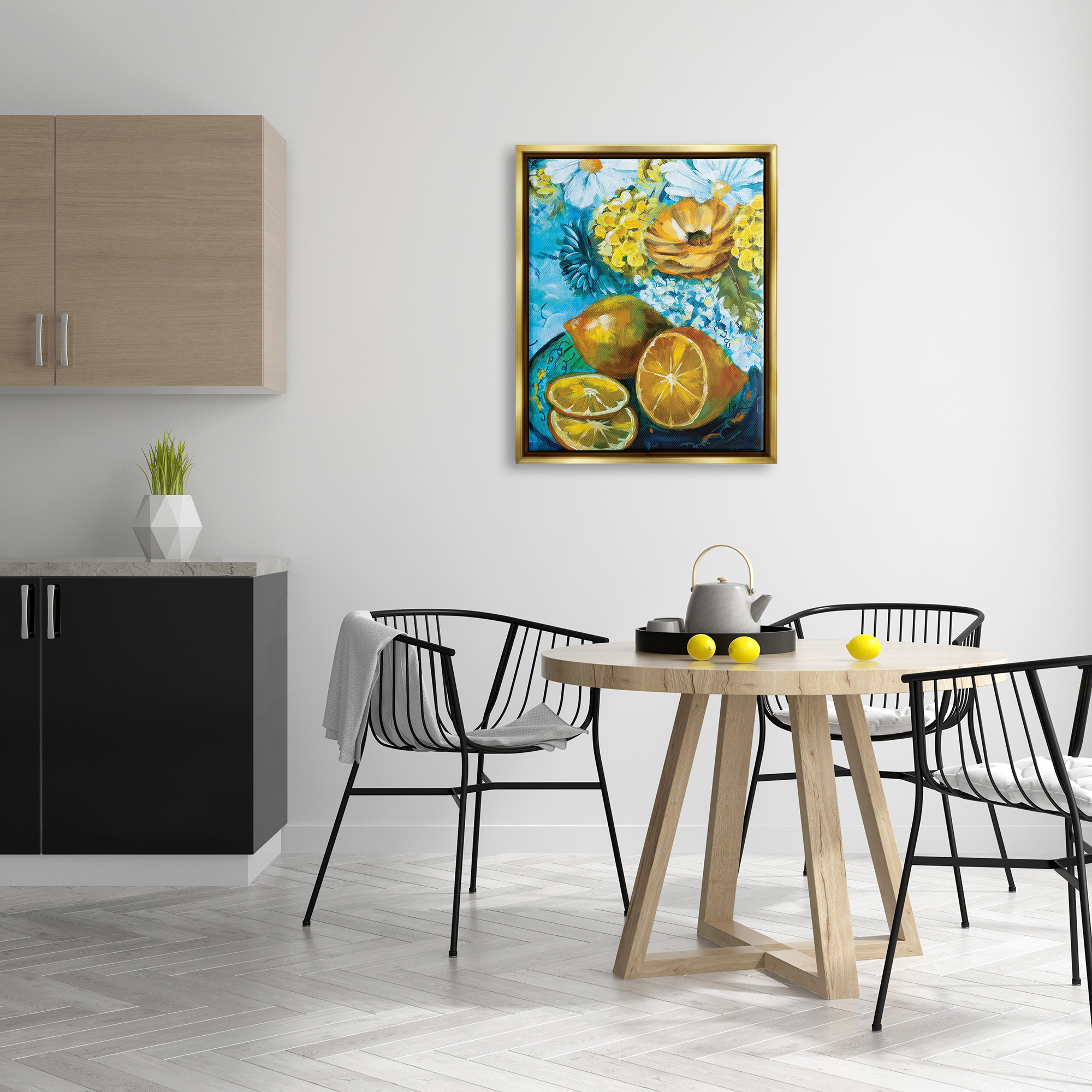 Stupell Industries Lemons & Flowers Painting Food & Beverage Painting Gold Floater Framed Art Print Wall Art, 25 x 31