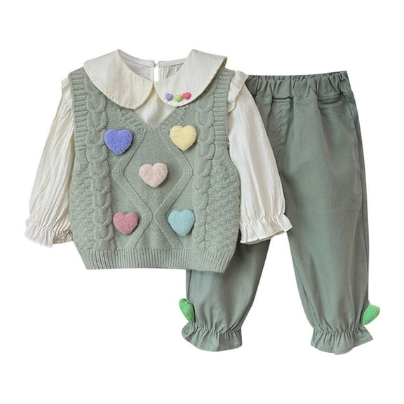 Odeerbi 5-12 Years Kids Girls Valentines Day Outfits Cotton Peter Pan Collar Long Sleeve Tops Pants Sweater Vest Three-piece Set Casual Loungewear Kids Girls Clothes