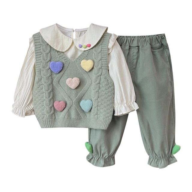 Odeerbi 5-12 Años Niñas San Valentín Conjuntos Algodón Cuello Peter Pan Manga Larga Tops Pantalón Suéter Chaleco Conjunto Tres Piezas
