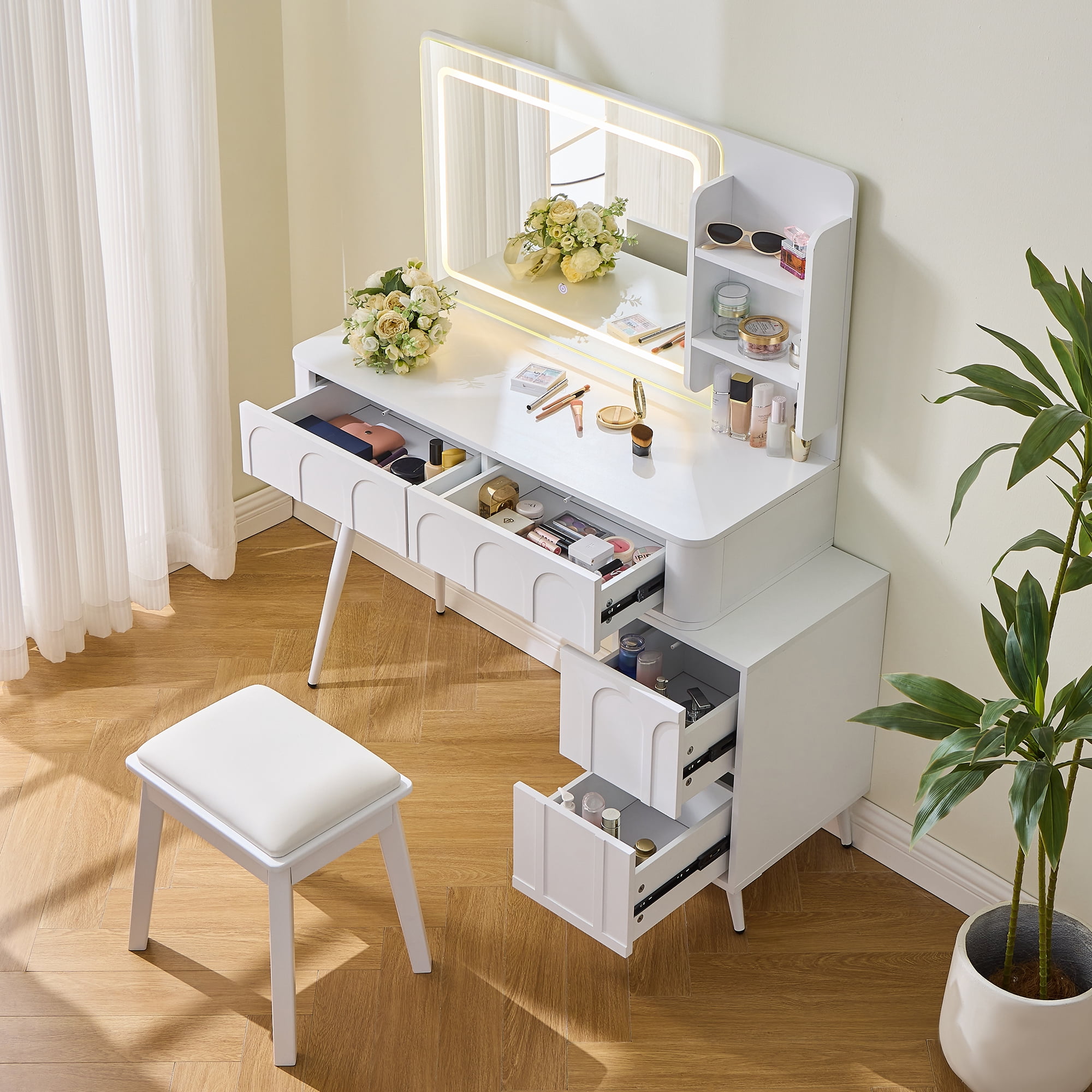 Homy Casa Vanity Table Set with LED Mirror, 4 Drawers and Stool， Adjustable Lighting Makeup Desk for Bedroom