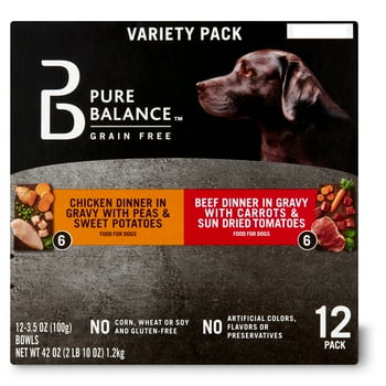 Pure Balance Food For Dogs Variety Pack, Chicken Dinner in Gravy with Peas & Sweet Potatoes and Beef Dinner in Gravy with Carrots & Sun Dried Tomatoes, 3.5 oz, 12 Count:
