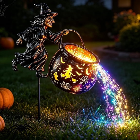 Halloween Outdoor Witch Cauldron Garden Stake Lights - Waterfall LED Fairy String Lights Solar Pathway Yard Decor - Pouring Magic Silhouette Lamp For Yard Lawn Patio