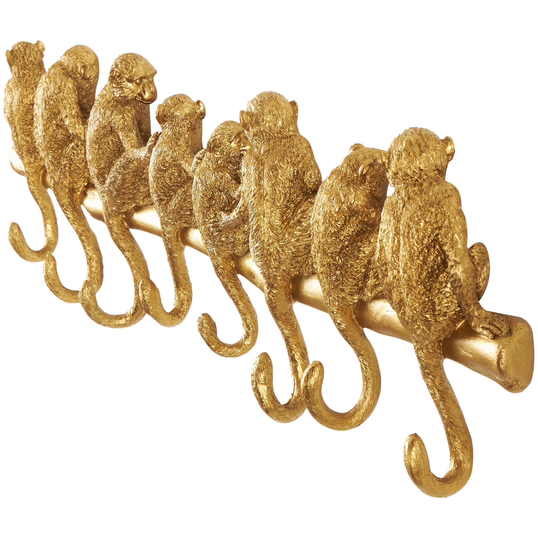 DecMode 27" x 8" Gold Polyresin Textured 8 Hanger Monkey Wall Hook, 1-Piece