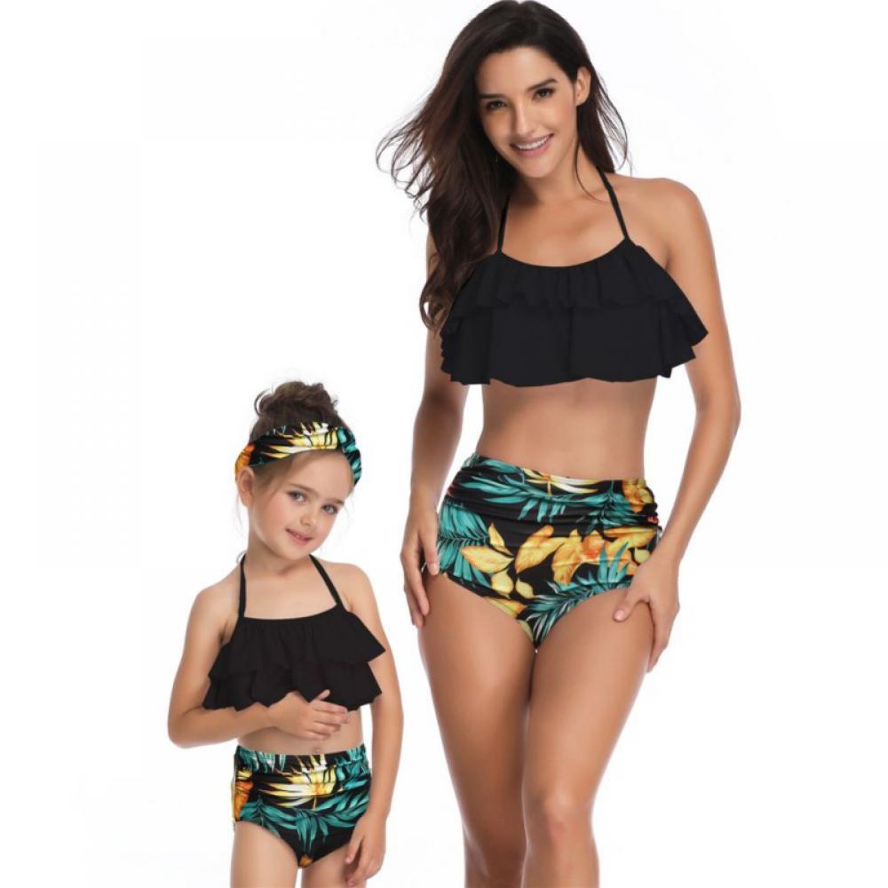 2Pcs Mommy and Me Matching Family Swimsuit Ruffle Women Swimwear Kids Children Toddler Bikini Bathing Suit Beachwear Sets
