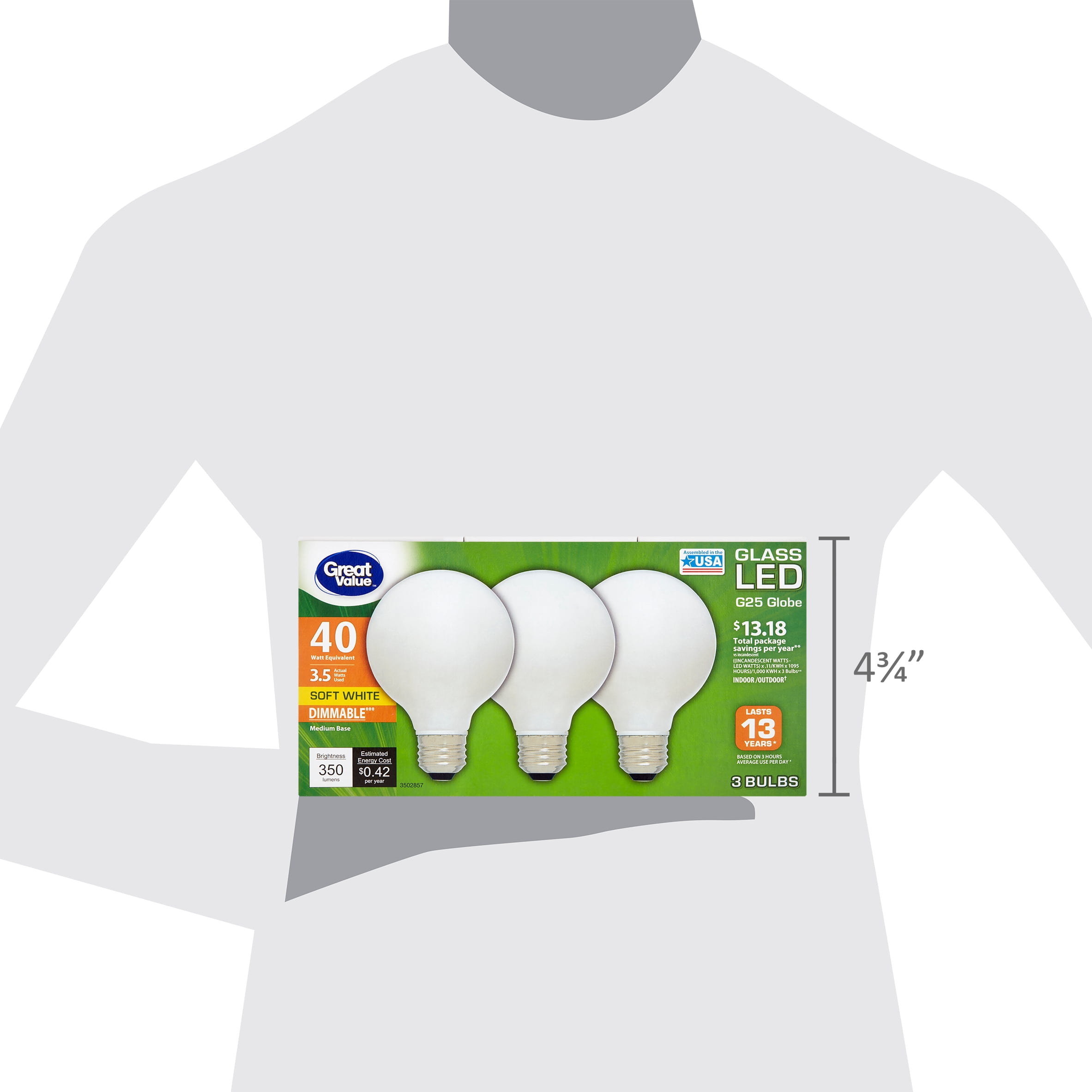 Great Value Glass LED G25 Globe 3.5 Watts Soft White Medium Base Bulbs, 3 count