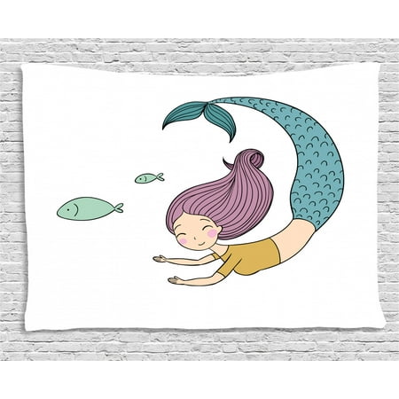 Mermaid Tapestry Happy Siren Swimming Happily Underwater After Little Birds Cheerful Marine Fantasy Wall Hanging For Bedroom Living Room Dorm Decor