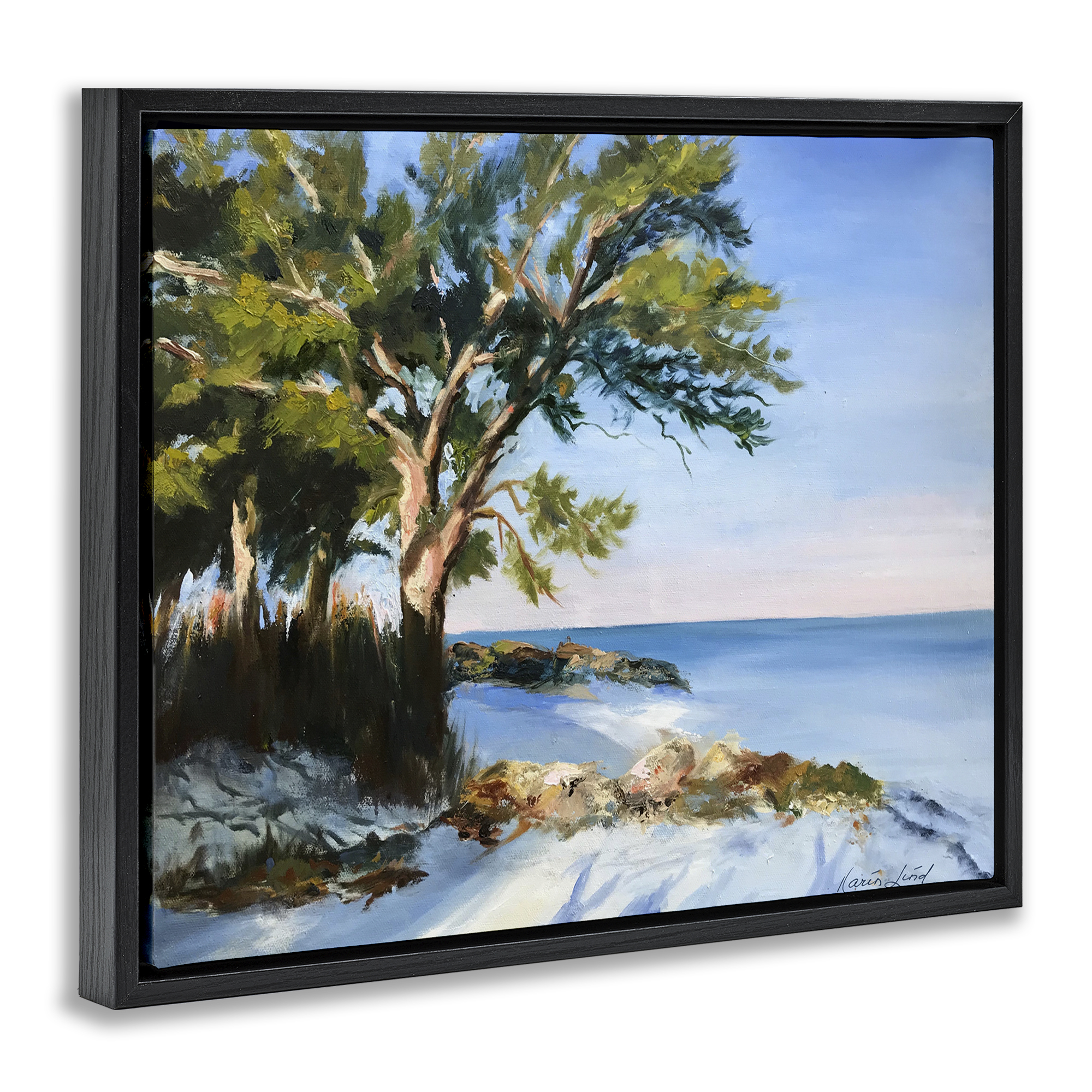 Stupell Industries White Sand Beach Landscape Painting Black Floater Framed Canvas Art Print Wall Art, 21 x 17