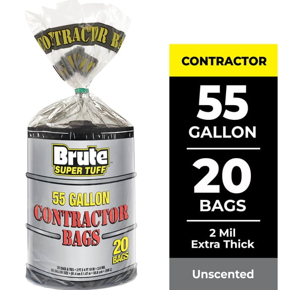 Brute Super Tuff® Contractor Bags, 55 Gallon, 20 Bags (Twist Tie)