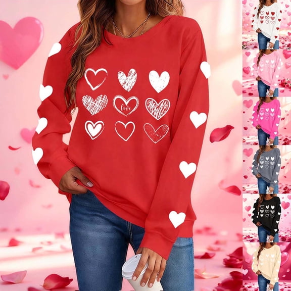 Itsame Women Long Sleeve Heart T-Shirts Valentine's Sweatshirt Loose Crew Neck Tops Black Size L
