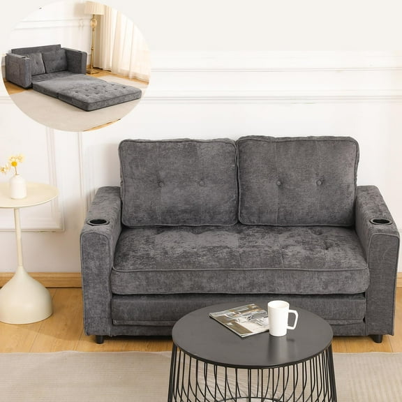 55" Convertible Sofa Bed, Pull Out Loveseat Sleeper Sofa, 2 in 1 Folding Couch Bed with Side Pocket and Cups Perfect for Small Spaces, Living Room, Apartment or Office (Dark Grey)
