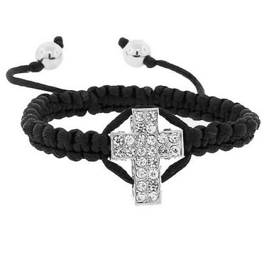 Fashion Alloy Black Cord White CZ Religious Cross Adjustable Macrame Bracelet