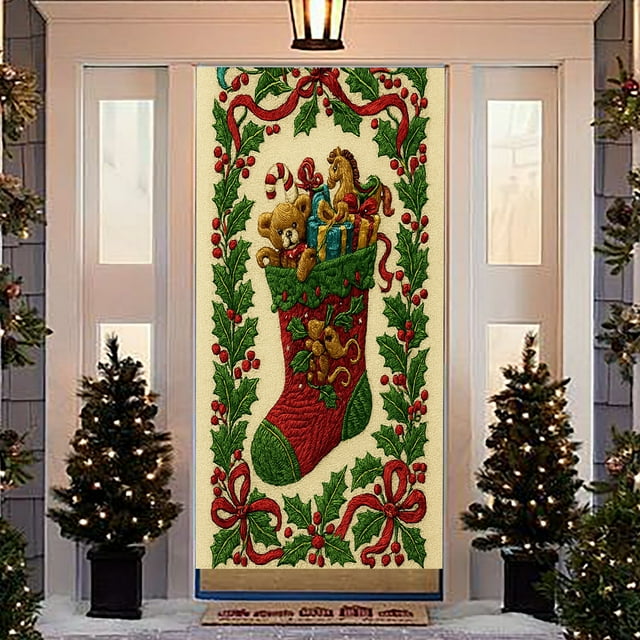 Aodebiao Rideau de Porte de Noël Décorations Imperméable Polyester Scène des Fêtes Toile de Fond Réutilisable Décoration Suspendue pour Porte pour Maison Vitrine Fête Festive Saisonnière Décoration Intérieure Extérieure