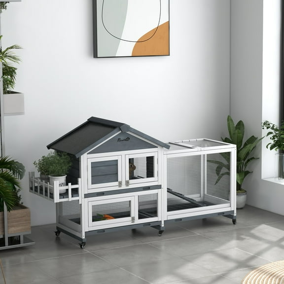 PawHut Wooden Rabbit Hutch with Wheels, Openable Roof, Storage Box, Gray