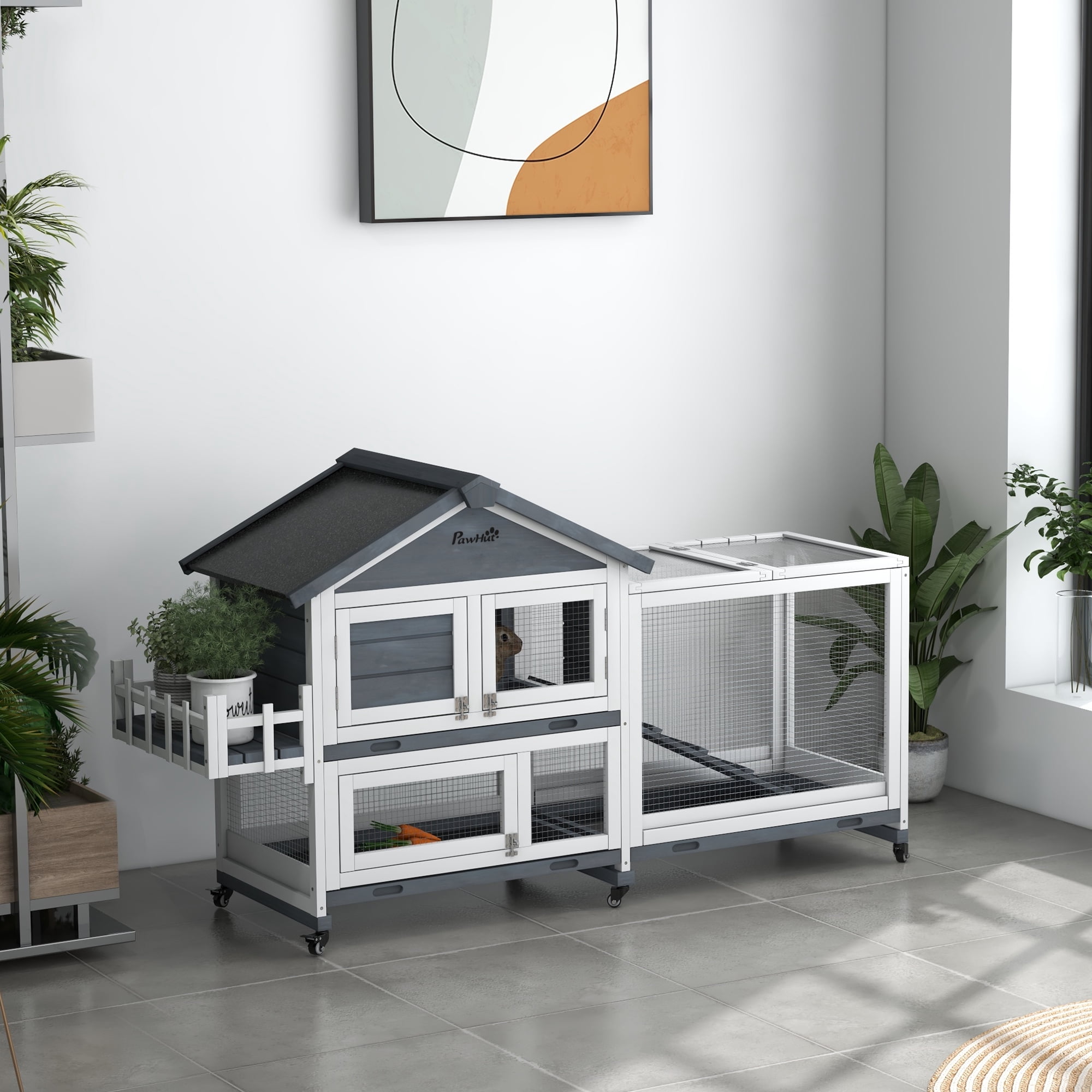 65" Wooden Rabbit Hutch, Pet Playpen with Openable Roof & Storage Box, Gray