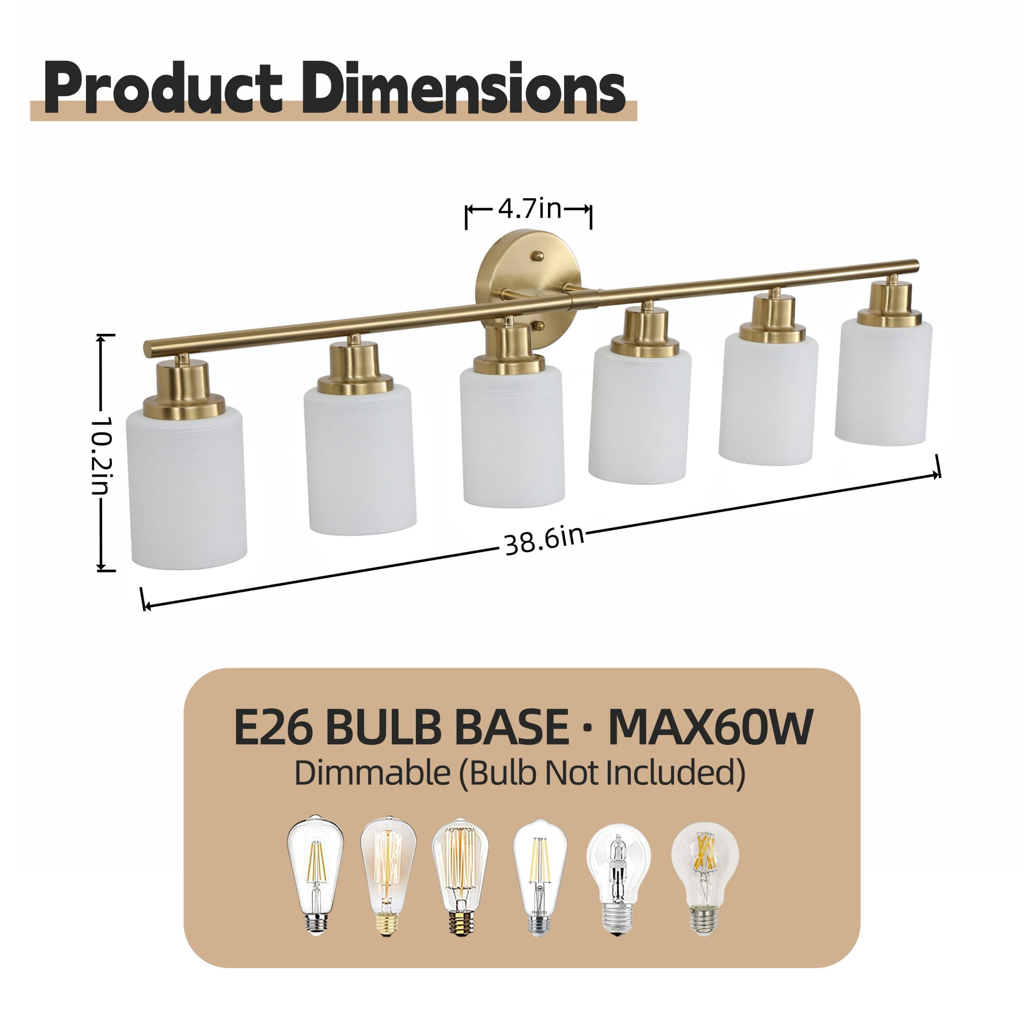 39" Modern Gold Vanity Light, 6-Light Bathroom Wall Sconce with Frosted Glass Shades, Wall Mount Lighting for Mirror or Hallway (No Bulbs)