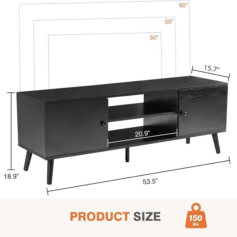Kelno TV Stand for 55-60 Inch TV Mid Century Entertainment Center with Adjustable Shelves Storage Cabinet, Black
