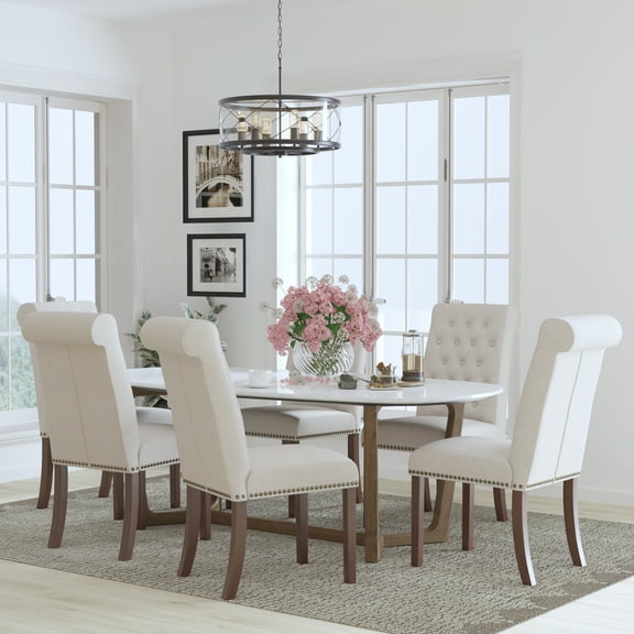 BizChair Set of 6 HERCULES Series Beige Fabric Parsons Chairs with Rolled Back, Accent Nail Trim and Walnut Finish