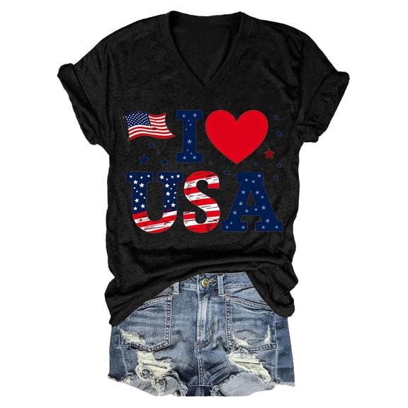 American Flag Shirt Women, Yigetop Women Casual Printing Short Sleeves V Neck Loose T Shirt Blouse Tops Usa Shirts for Women Black L