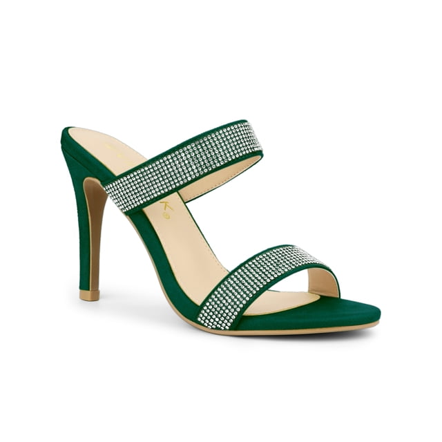 BLISSFUL STEP Women's Open Toe Stiletto High Heel Rhines Mules Sandals Emerald Green 10