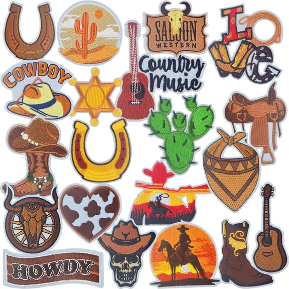 20pcs Western Iron on Patches Wild West Cowboy Boot Horseshoe Embroidered Sew on Patch Appliquea Decorative Repair Accessories for DIY Clothing Hats Pants Backpacks Jackets Jeans