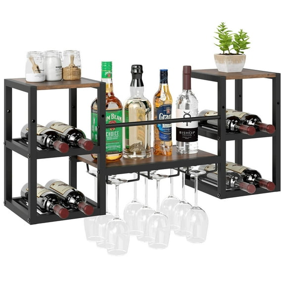 Costway 3-Tier Wall Mounted Wine Rack with Glass Holder Open Shelf Wine Storage Rack Brown